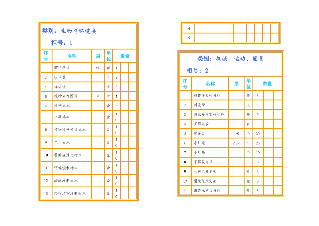 小学科学仪器室柜面标签