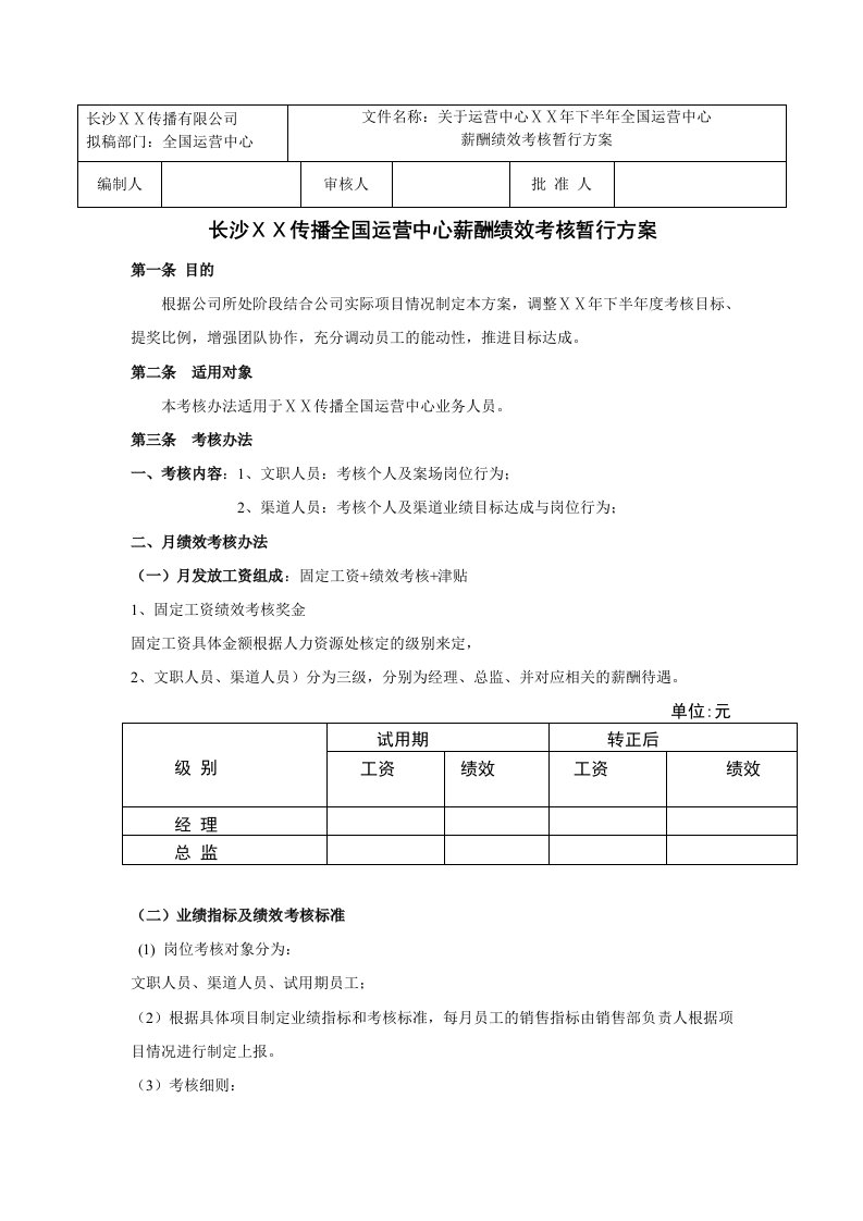 传播全国运营中心薪酬绩效考核暂行方案