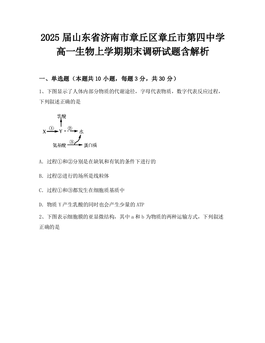 2025届山东省济南市章丘区章丘市第四中学高一生物上学期期末调研试题含解析