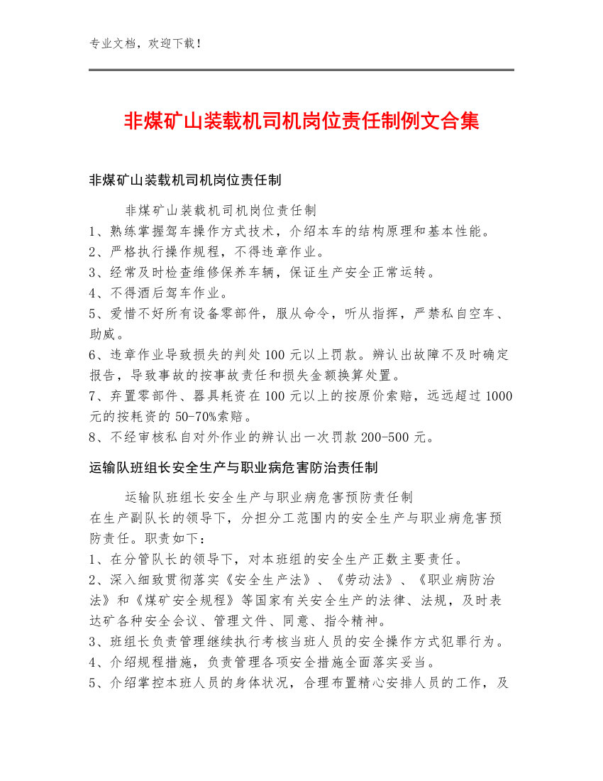 非煤矿山装载机司机岗位责任制例文合集