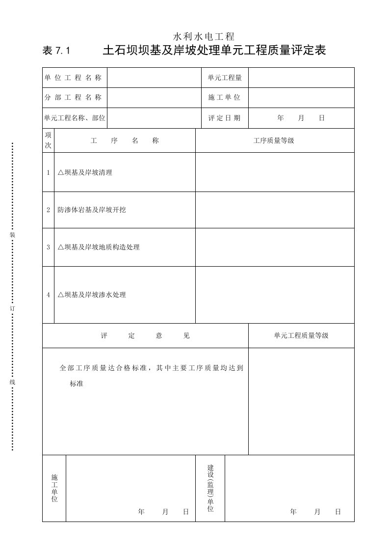 工程资料-表71土石坝坝基及岸坡处理单元工程质量评定表