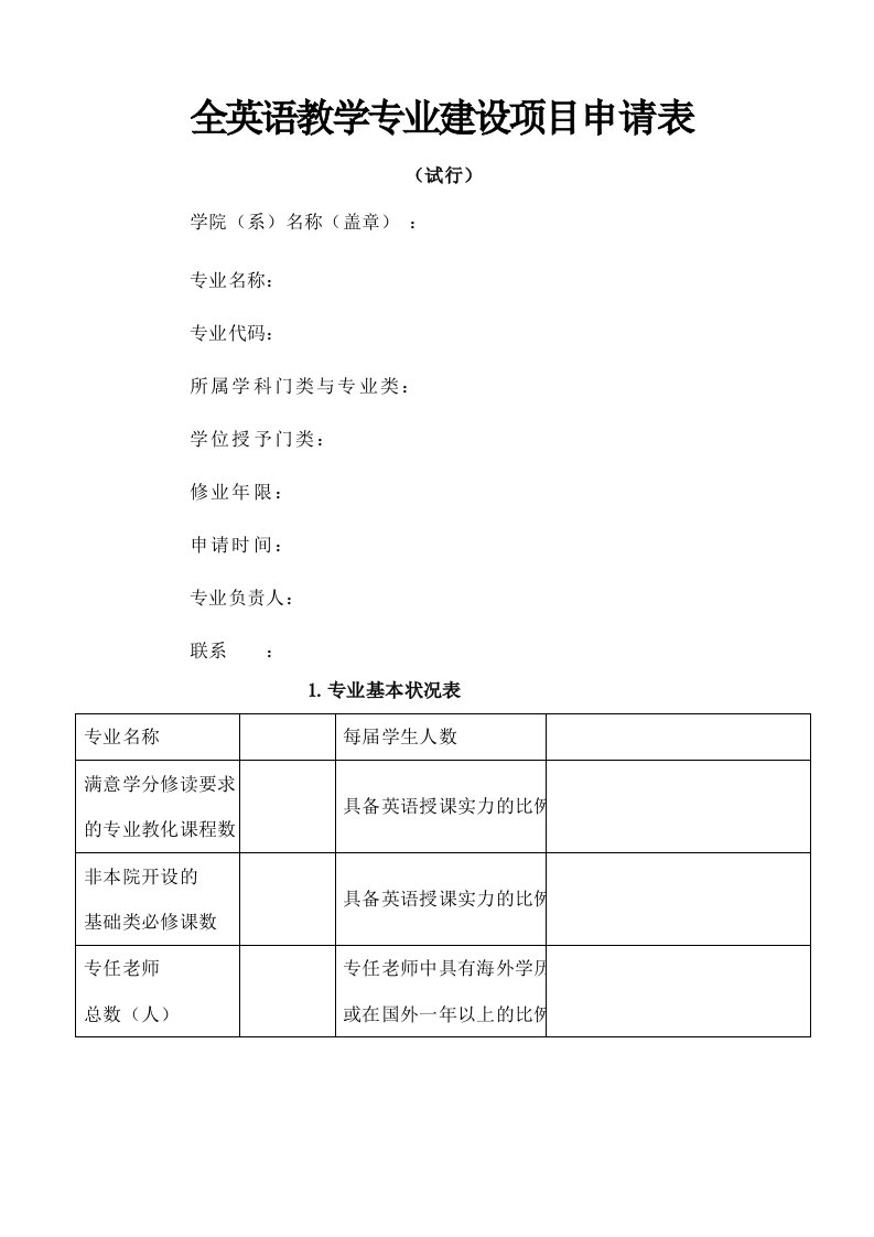 全英语教学专业建设项目申请表