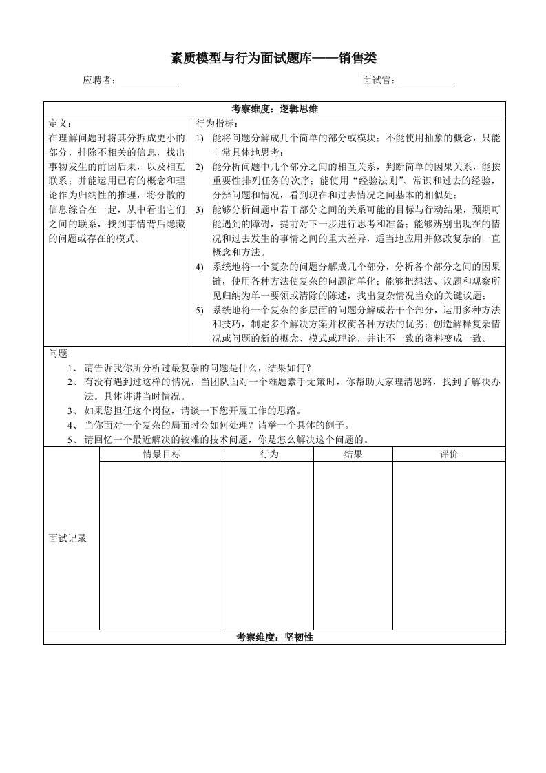 企业管理-素质模型与行为面试题库面向销售人员