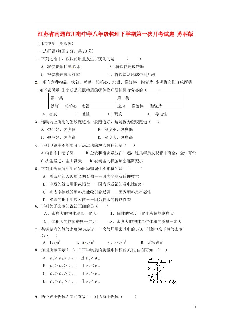 江苏省南通市八级物理下学期第一次月考试题