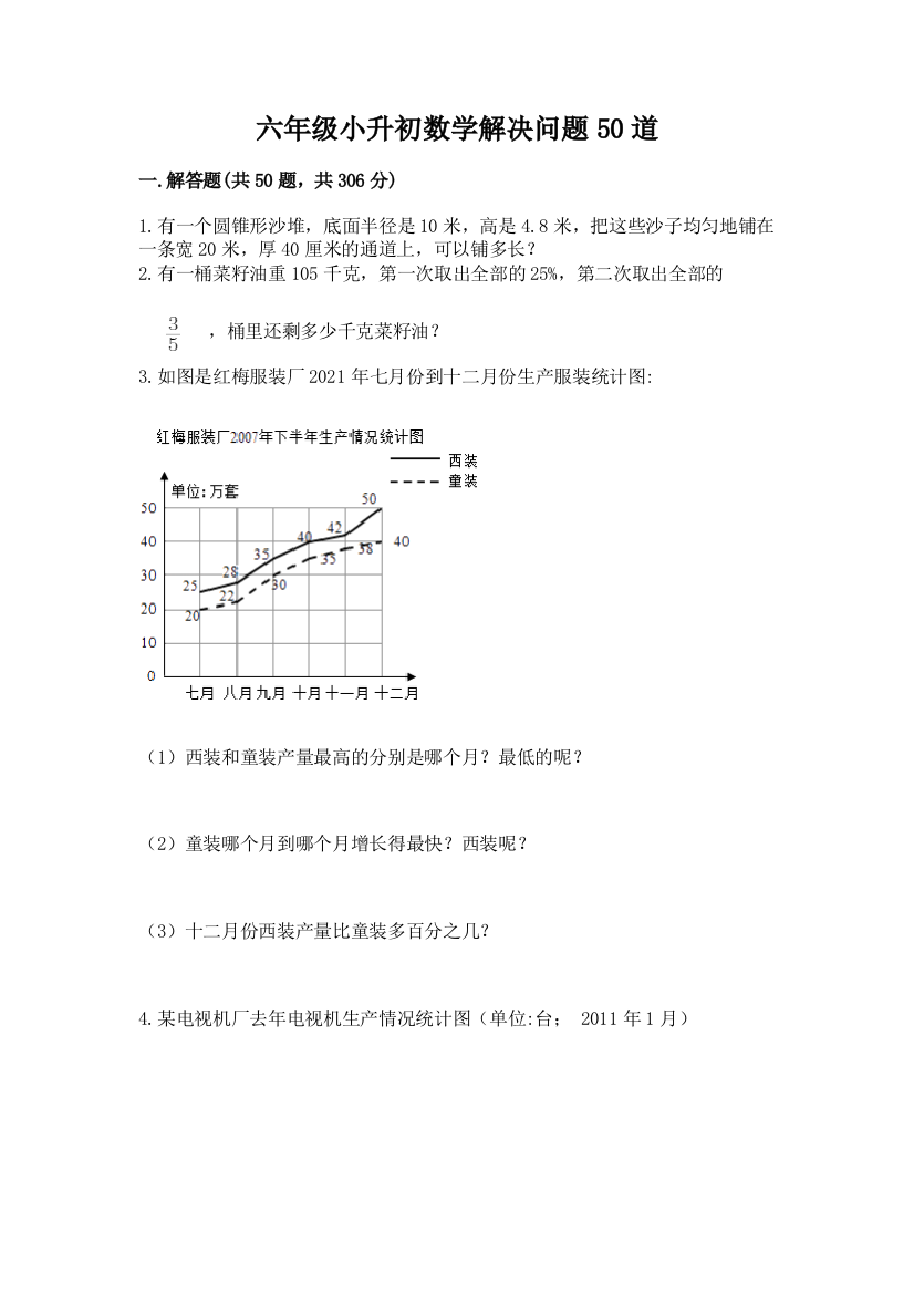 六年级小升初数学解决问题50道及参考答案（综合题）