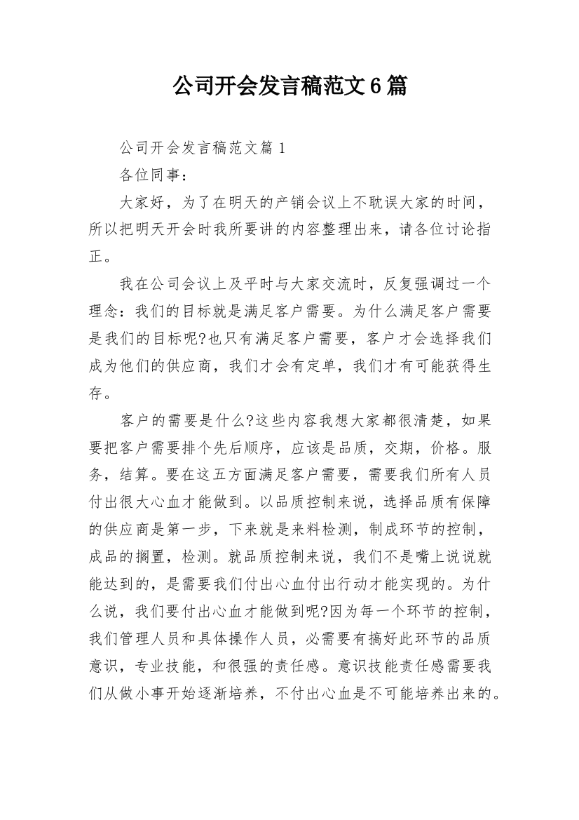 公司开会发言稿范文6篇