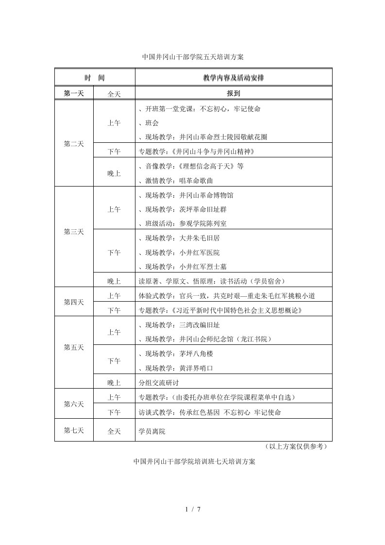 中国井冈山干部学院五天培训方案