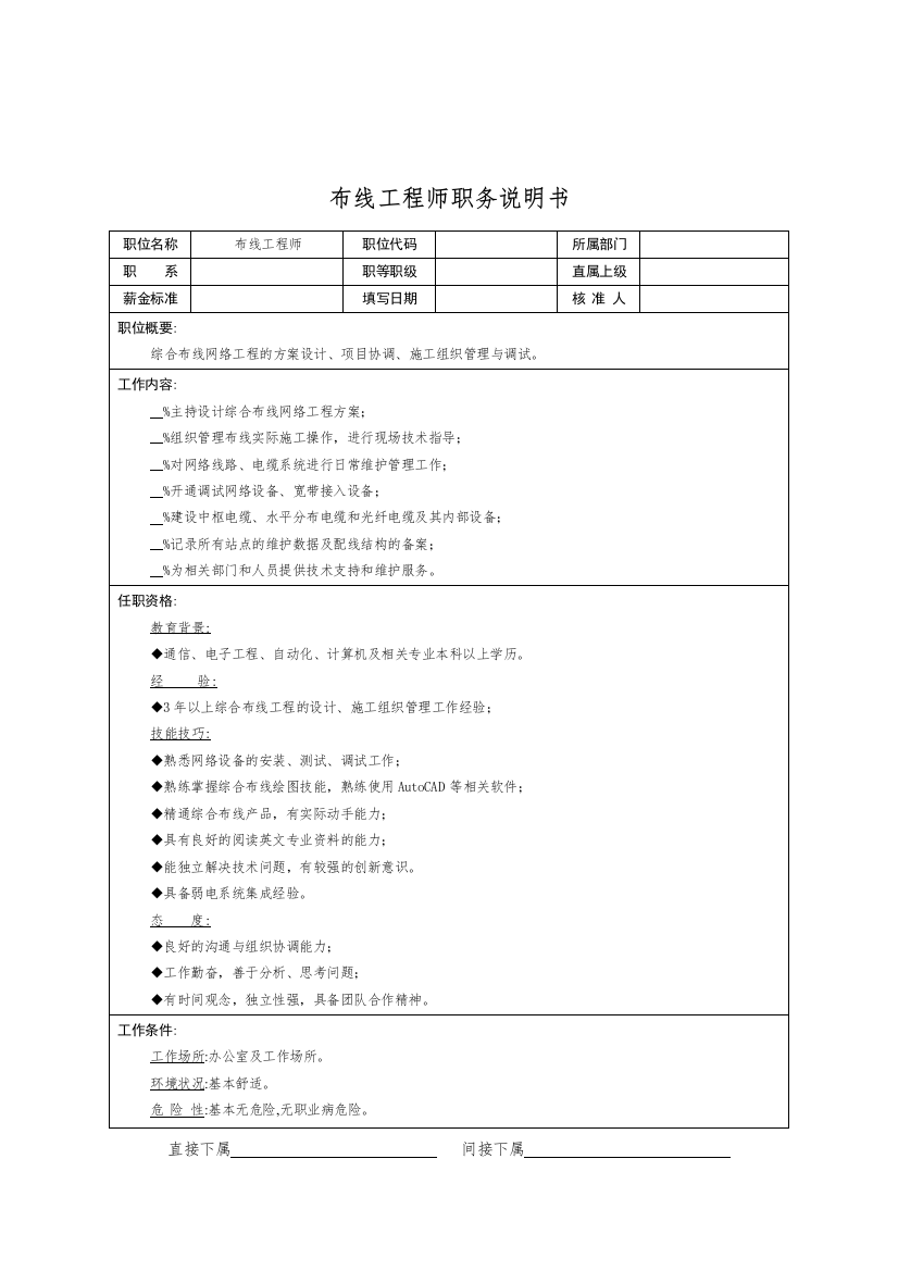 布线工程师职务说明书