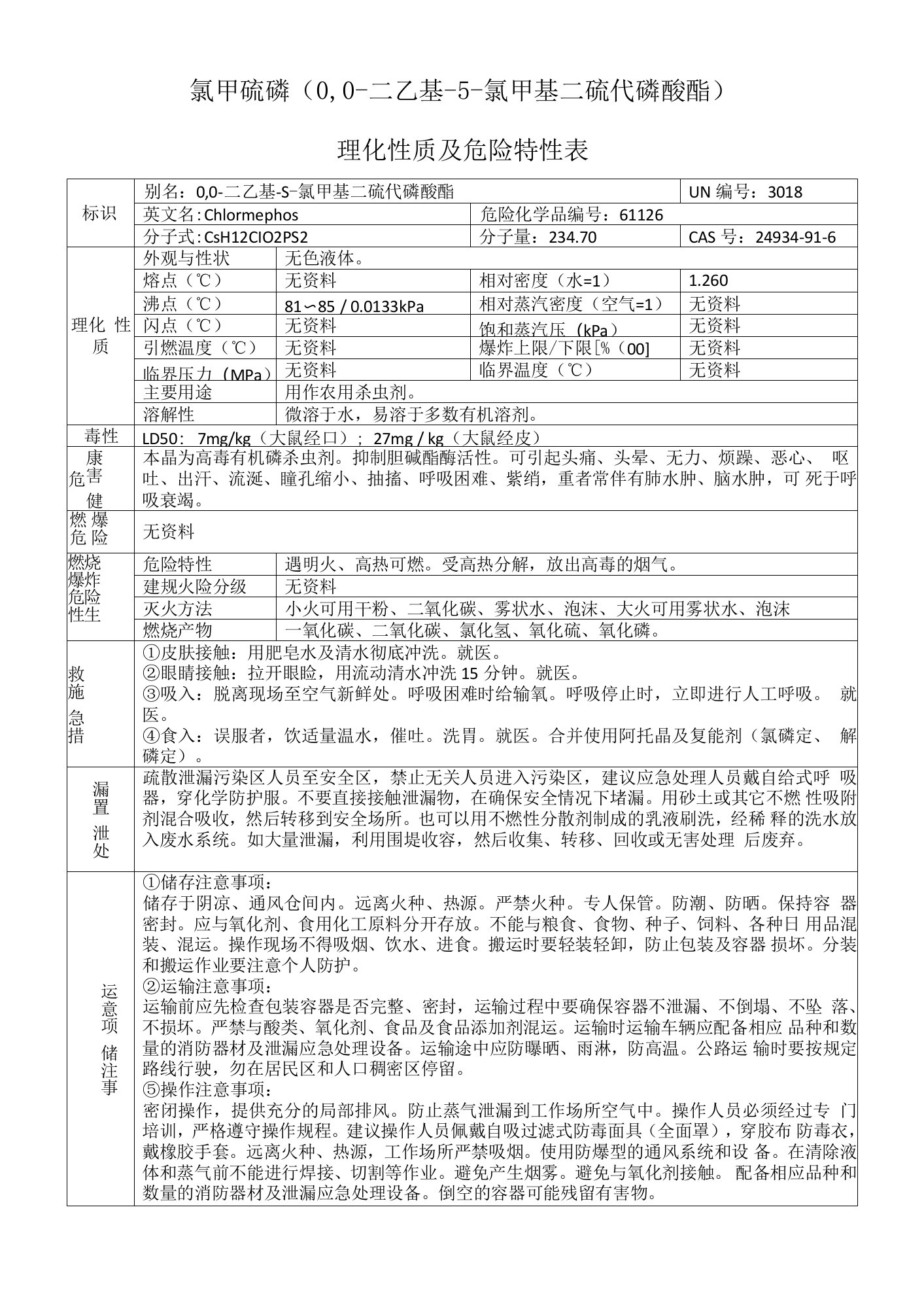 氯甲硫磷（O,O-二乙基-S-氯甲基二硫代磷酸酯）的理化性质及危险特性表