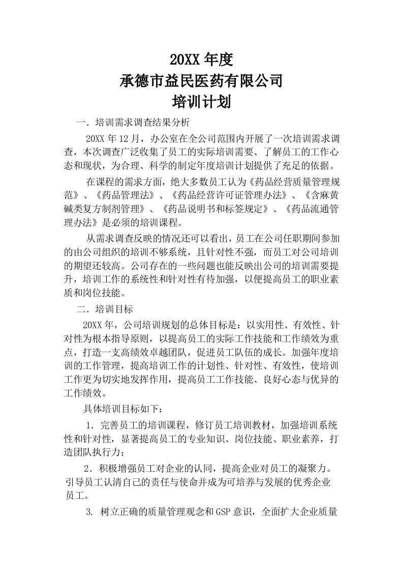 承德市益民医药有限公司培训计划