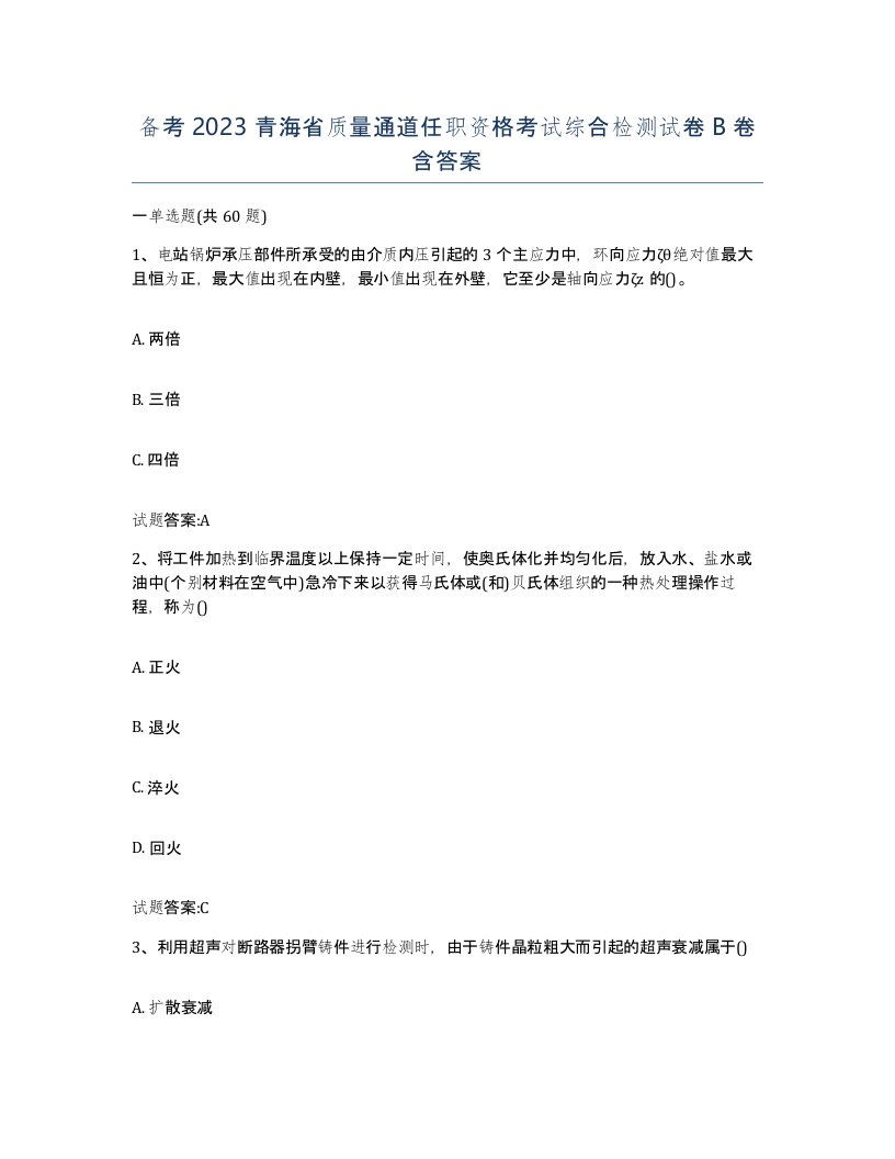 备考2023青海省质量通道任职资格考试综合检测试卷B卷含答案