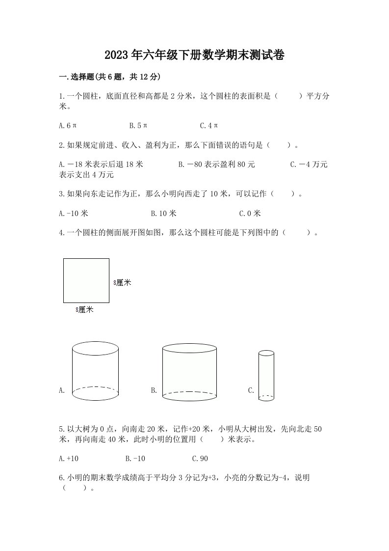 2023年六年级下册数学期末测试卷精品（历年真题）