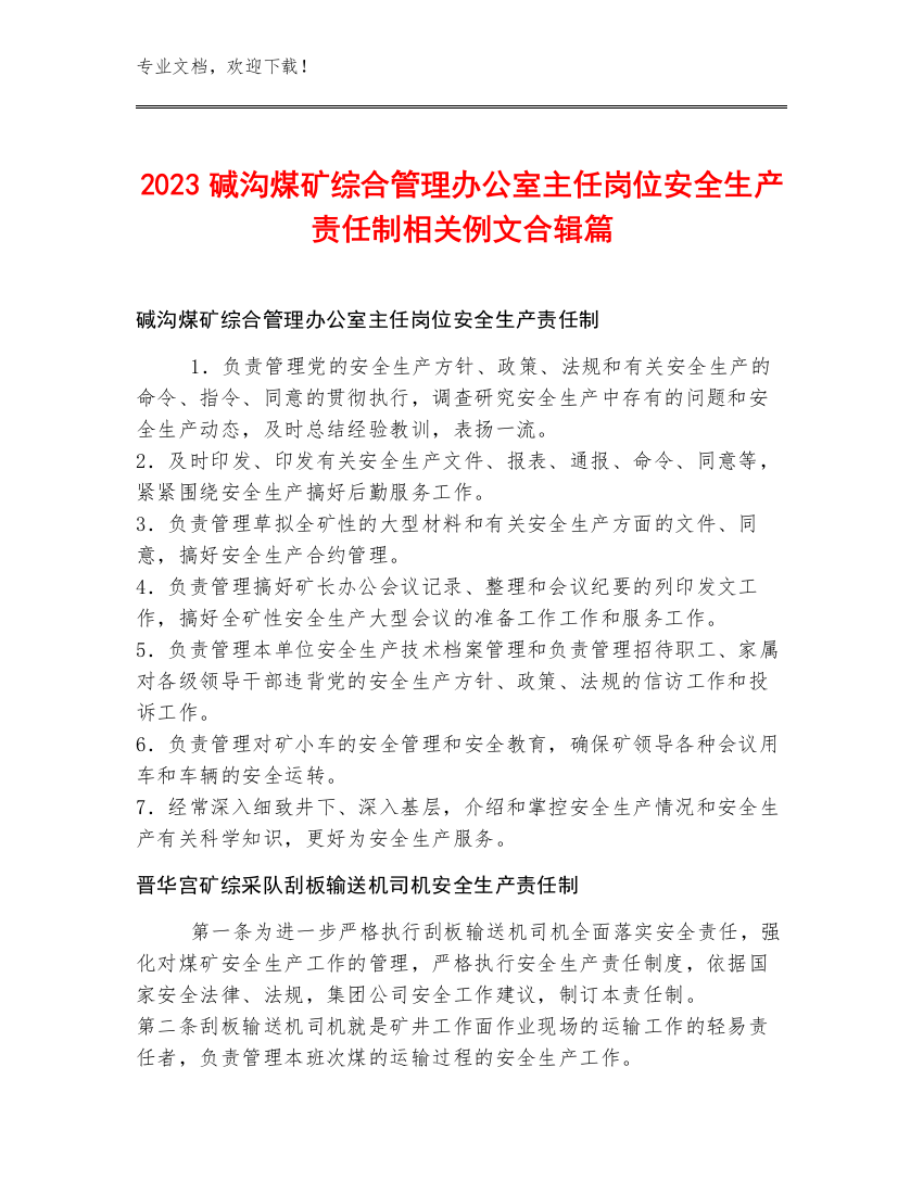 2023碱沟煤矿综合管理办公室主任岗位安全生产责任制例文合辑篇