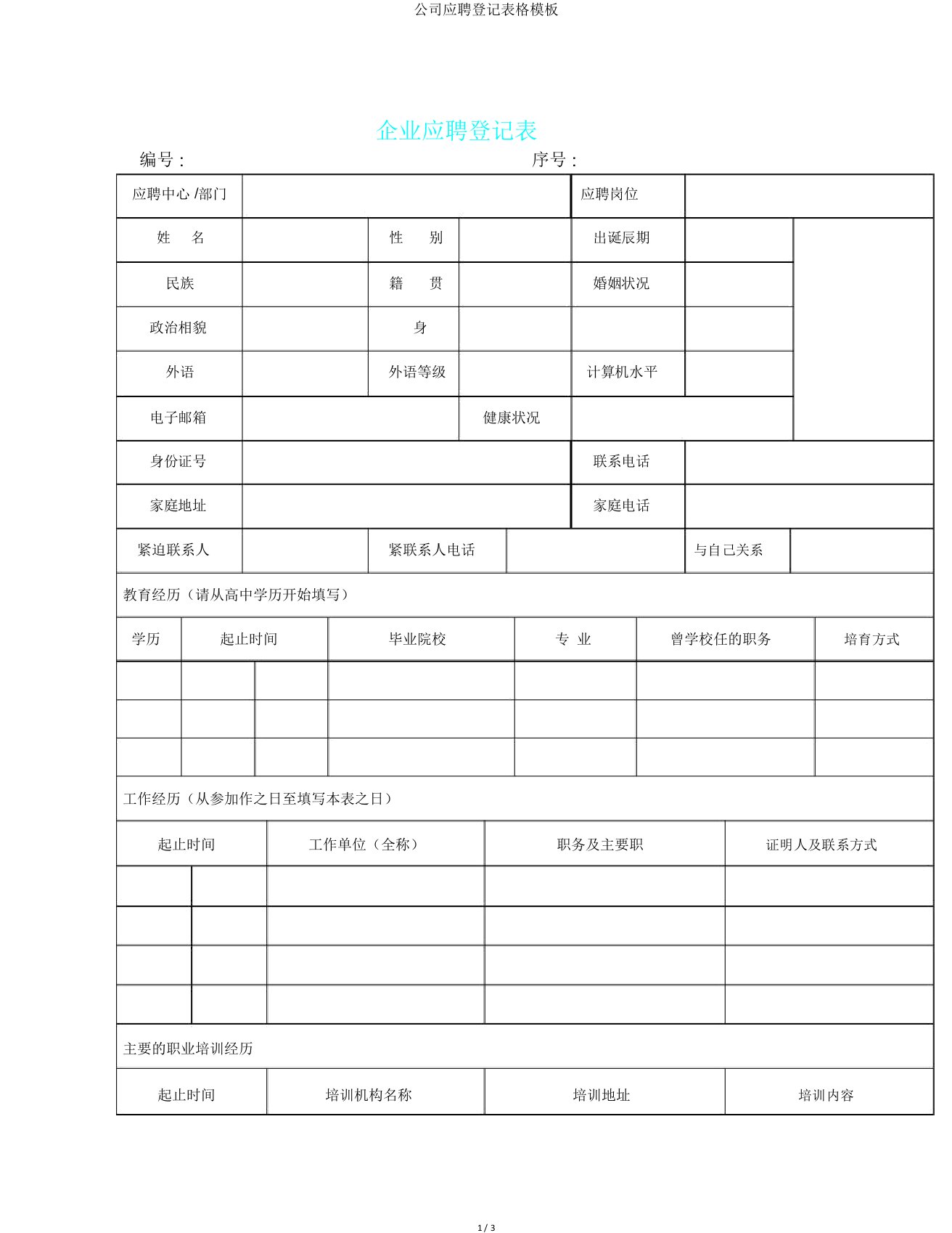 公司应聘登记表格模板