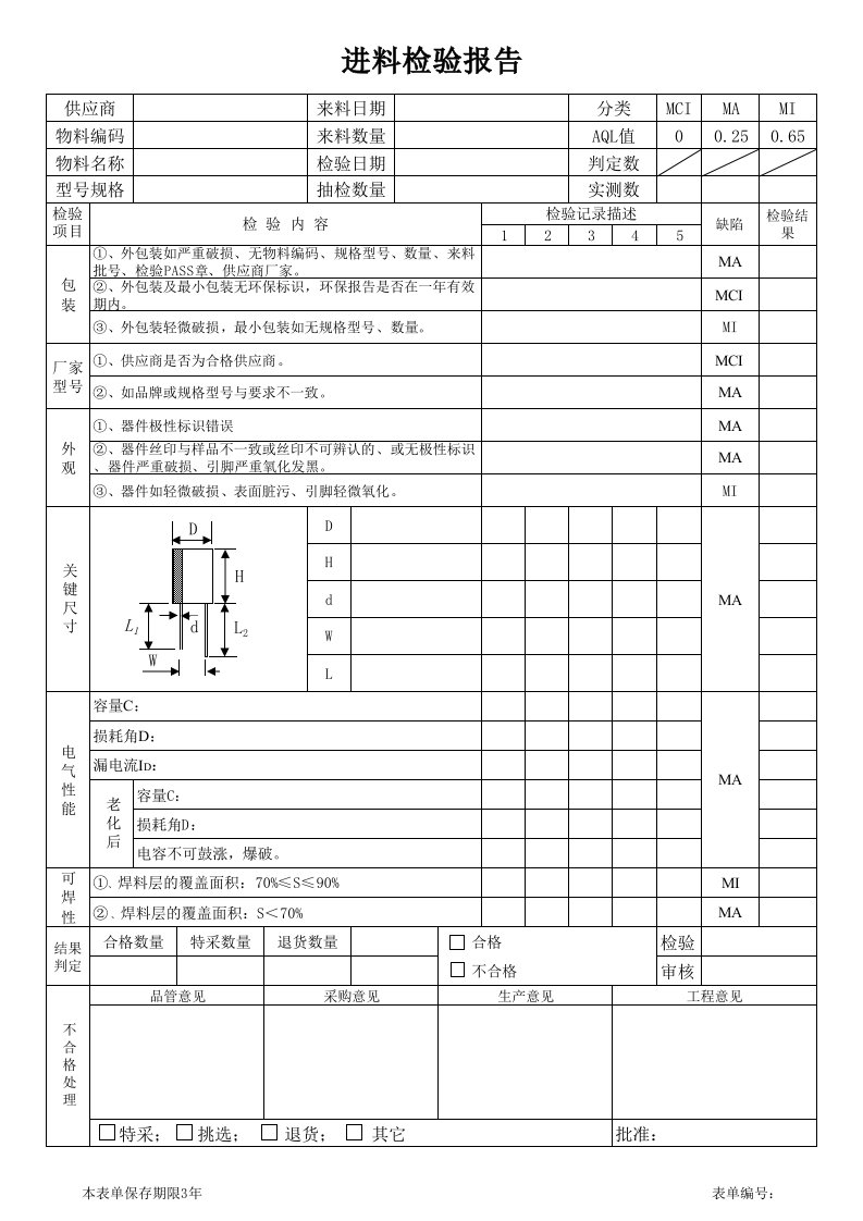 电解电容进料检验报告