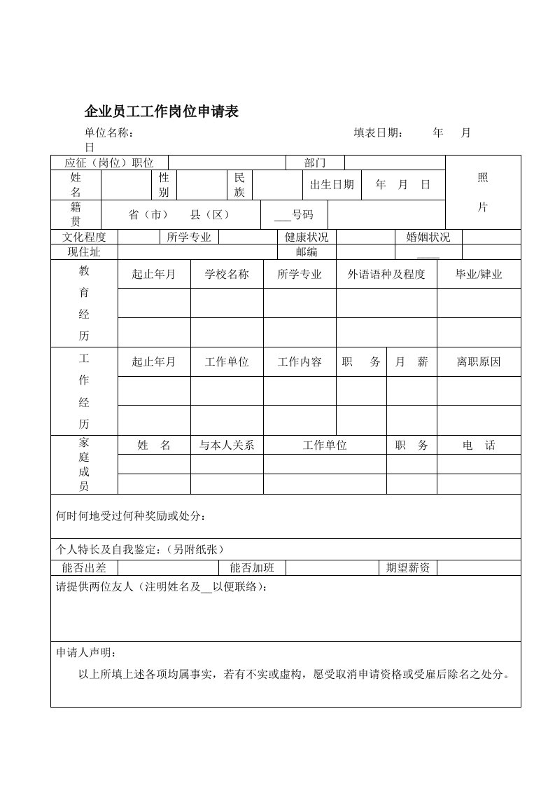 企业员工工作岗位申请表