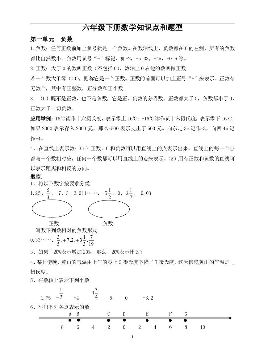 六年级数学下册知识要点归纳