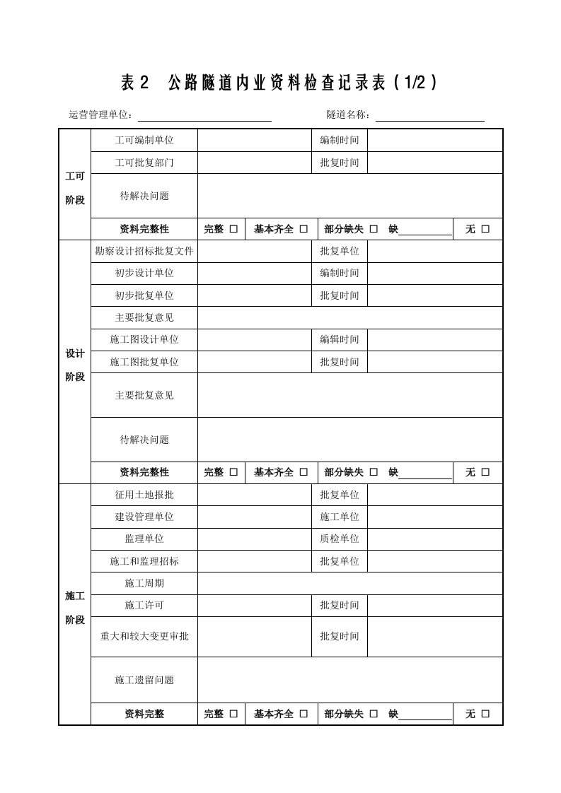 表2公路隧道内业资料检查记录表