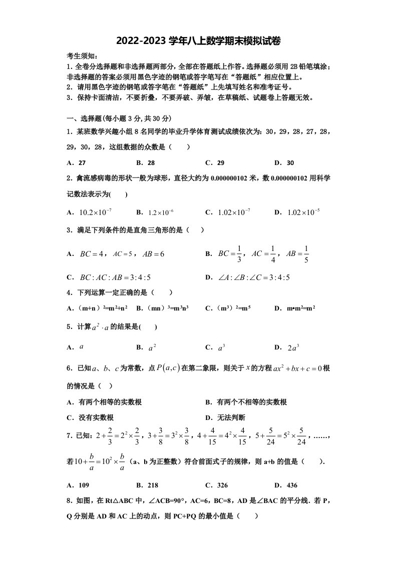 2022-2023学年广东省韶关市数学八年级第一学期期末复习检测试题含解析