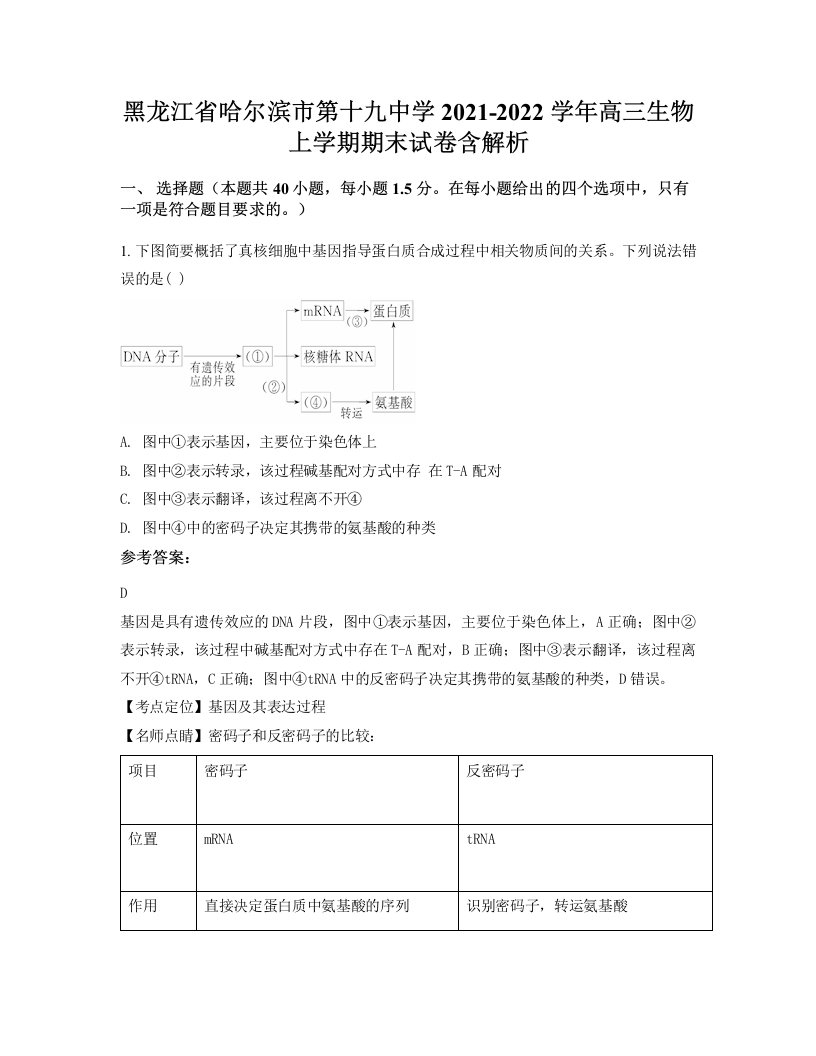 黑龙江省哈尔滨市第十九中学2021-2022学年高三生物上学期期末试卷含解析