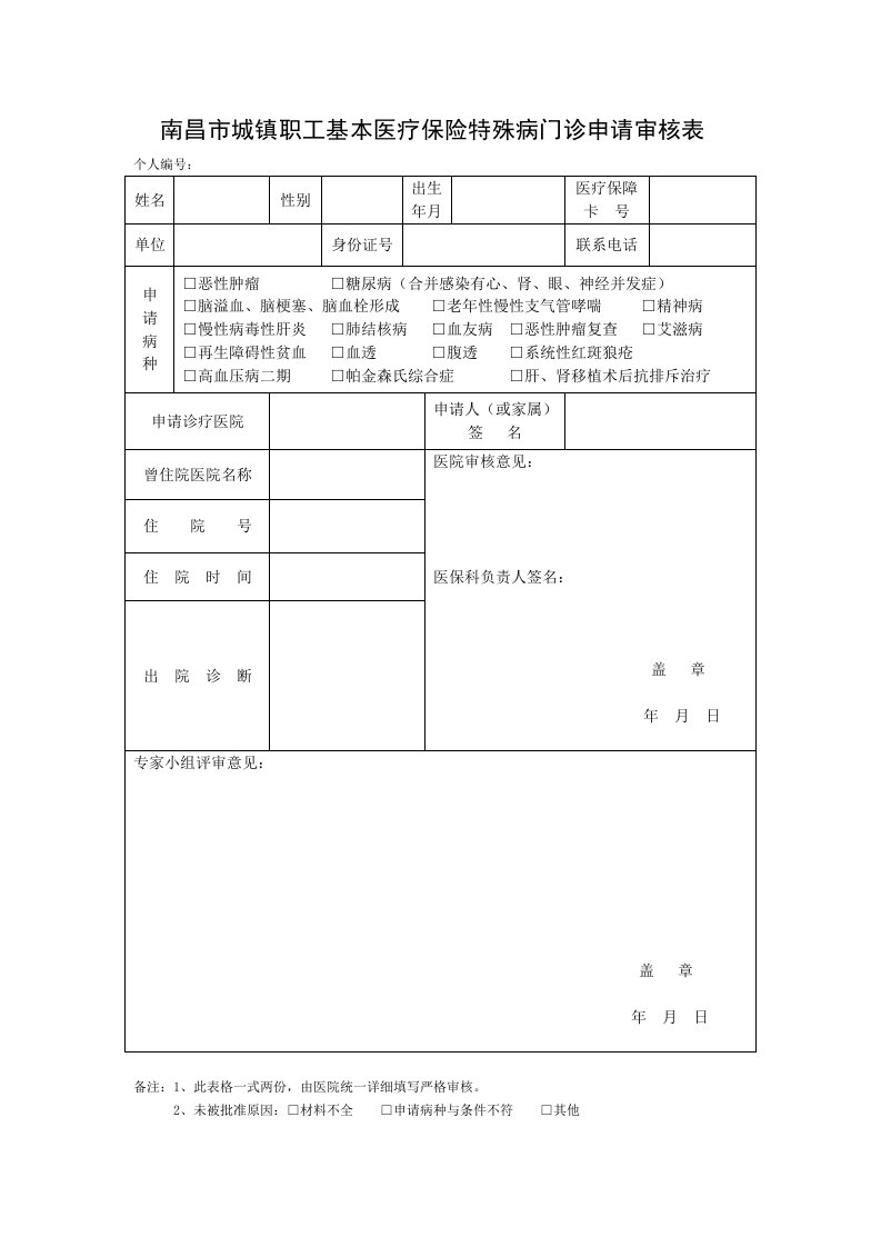 南昌市城镇职工基本医疗保险特殊病门诊申请审核表