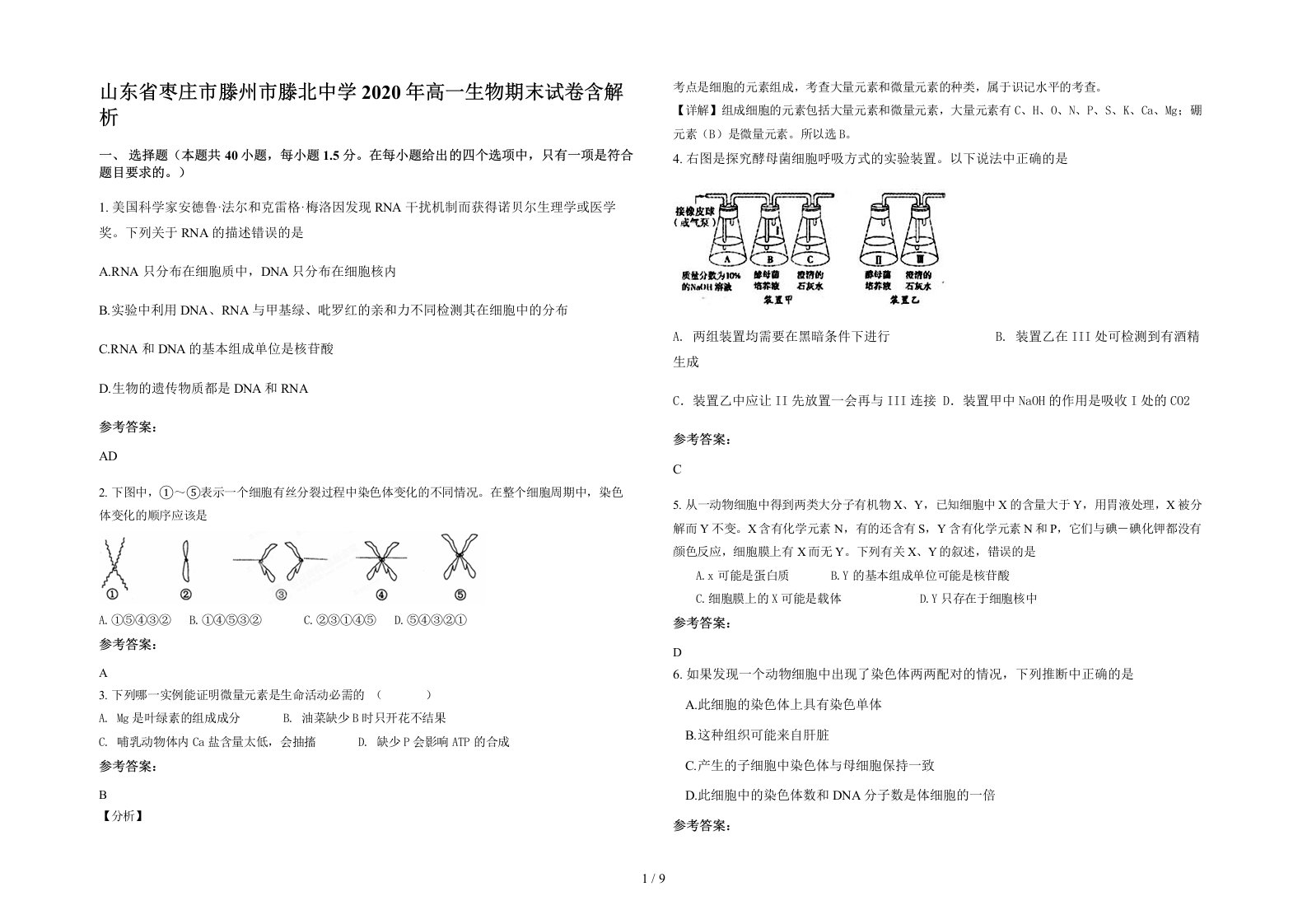 山东省枣庄市滕州市滕北中学2020年高一生物期末试卷含解析