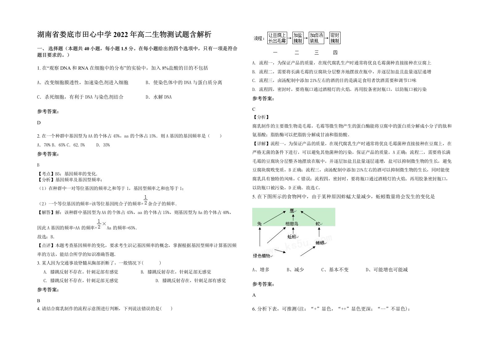 湖南省娄底市田心中学2022年高二生物测试题含解析