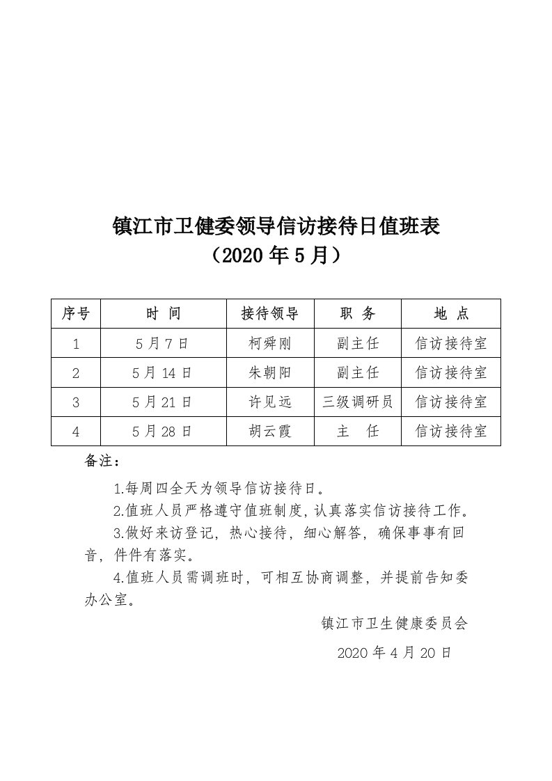 镇江市卫健委领导信访接待日值班表