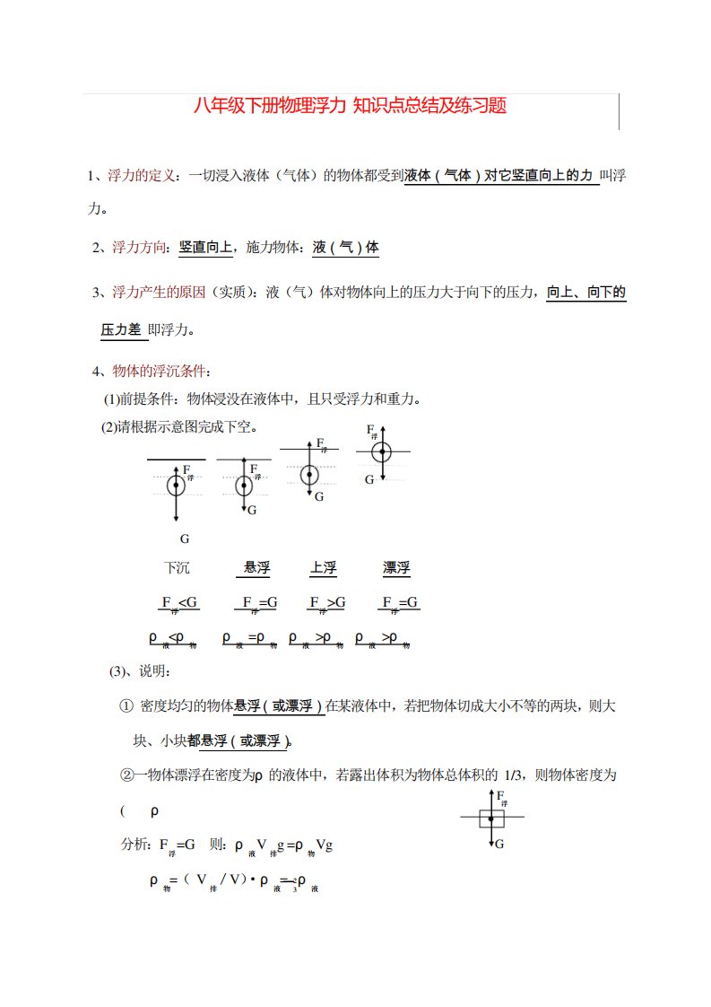 八年级下册物理浮力