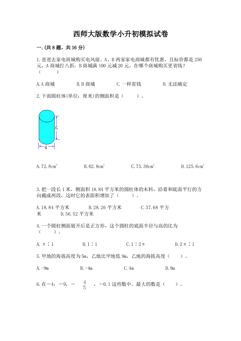 西师大版数学小升初模拟试卷（考试直接用）