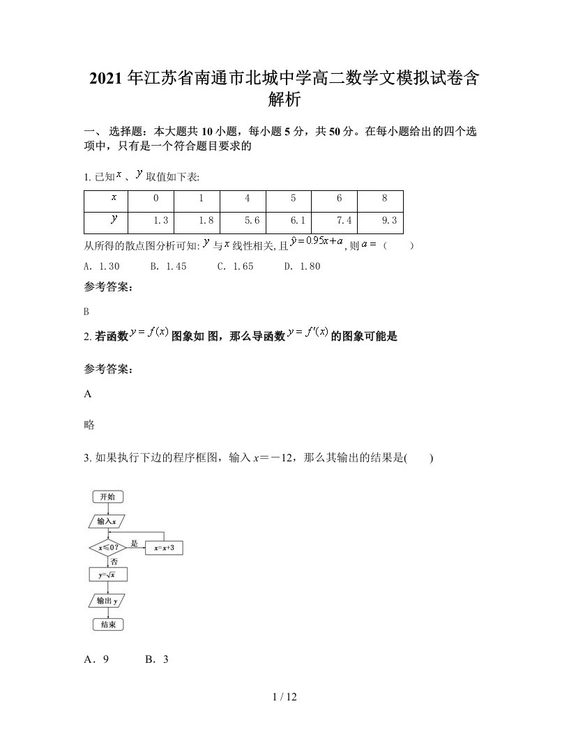 2021年江苏省南通市北城中学高二数学文模拟试卷含解析