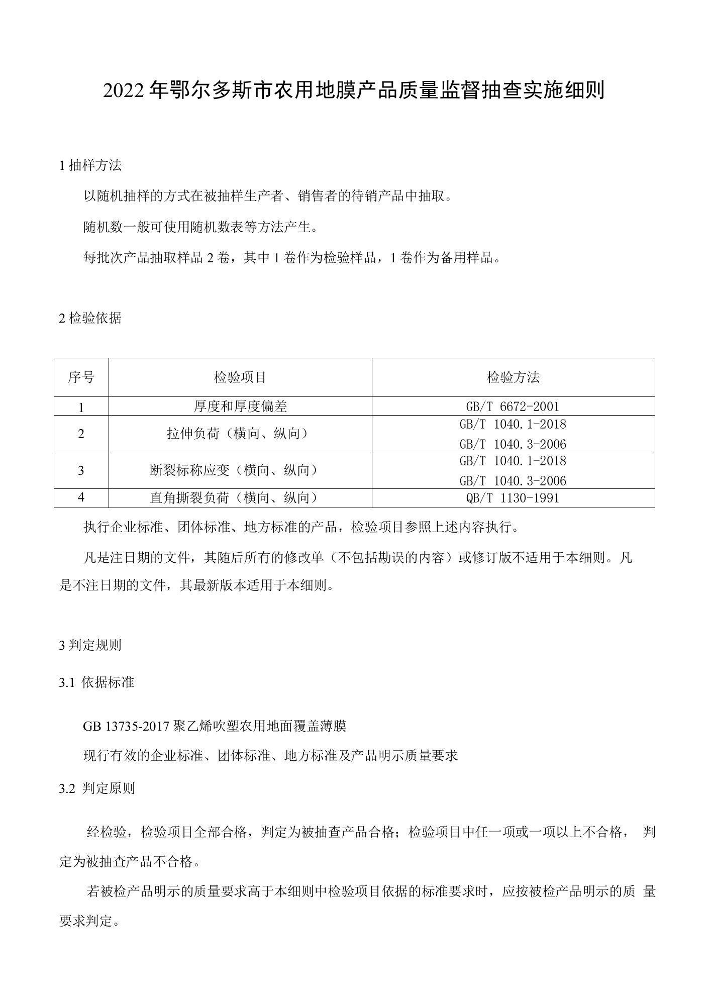 2022年鄂尔多斯市农用地膜产品质量监督抽查实施细则