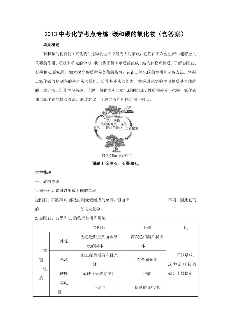 2013中考化学考点专练-碳和碳的氧化物(含答案)