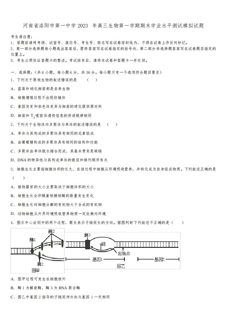 河南省洛阳市第一中学2023年高三生物第一学期期末学业水平测试模拟试题含解析