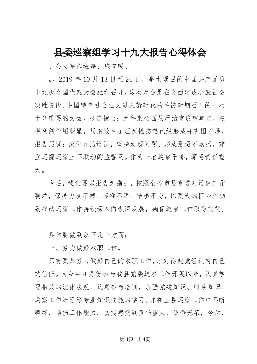 县委巡察组学习十九大报告心得体会