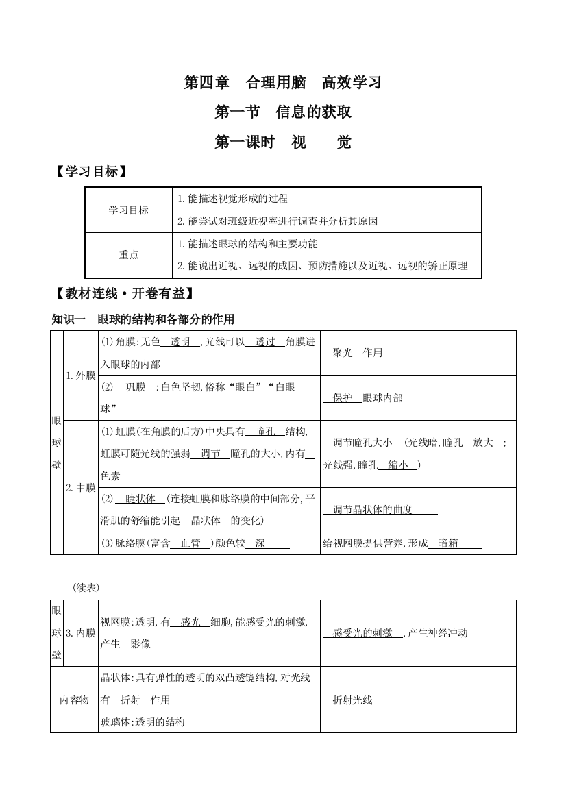 冀少版七年级下册生物导学案专题411视觉