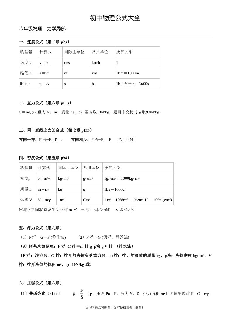 初中物理公式(沪科版)