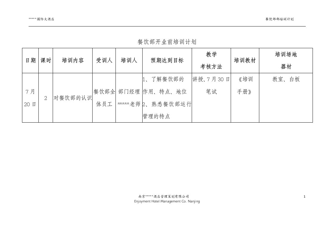 餐饮部开业前培训计划