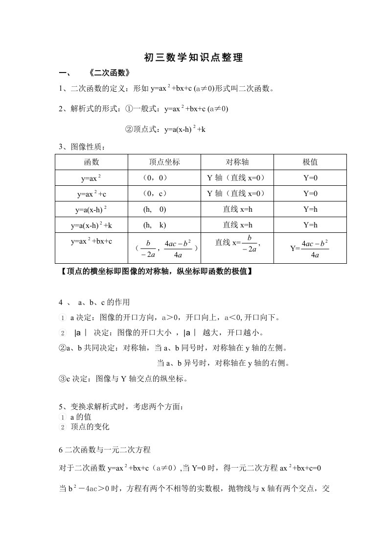 初三数学知识点整理