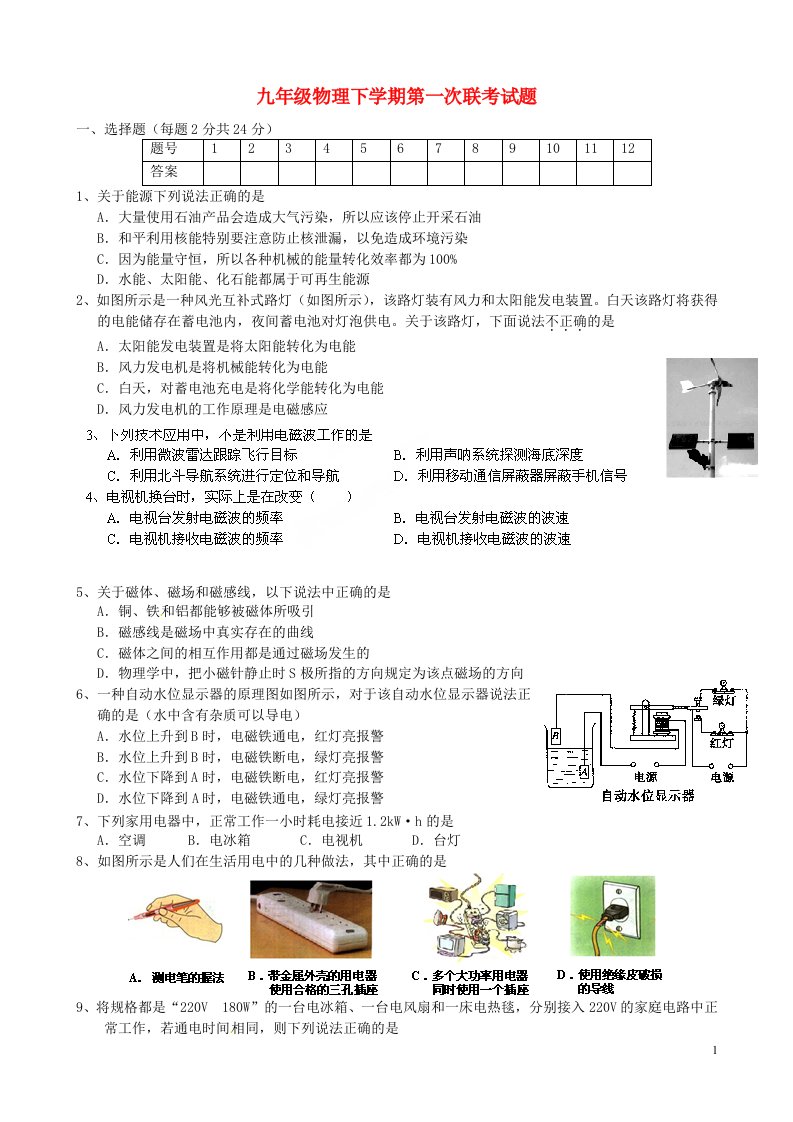 江苏省兴化市茅山中心校等五校九级物理下学期第一次联考试题