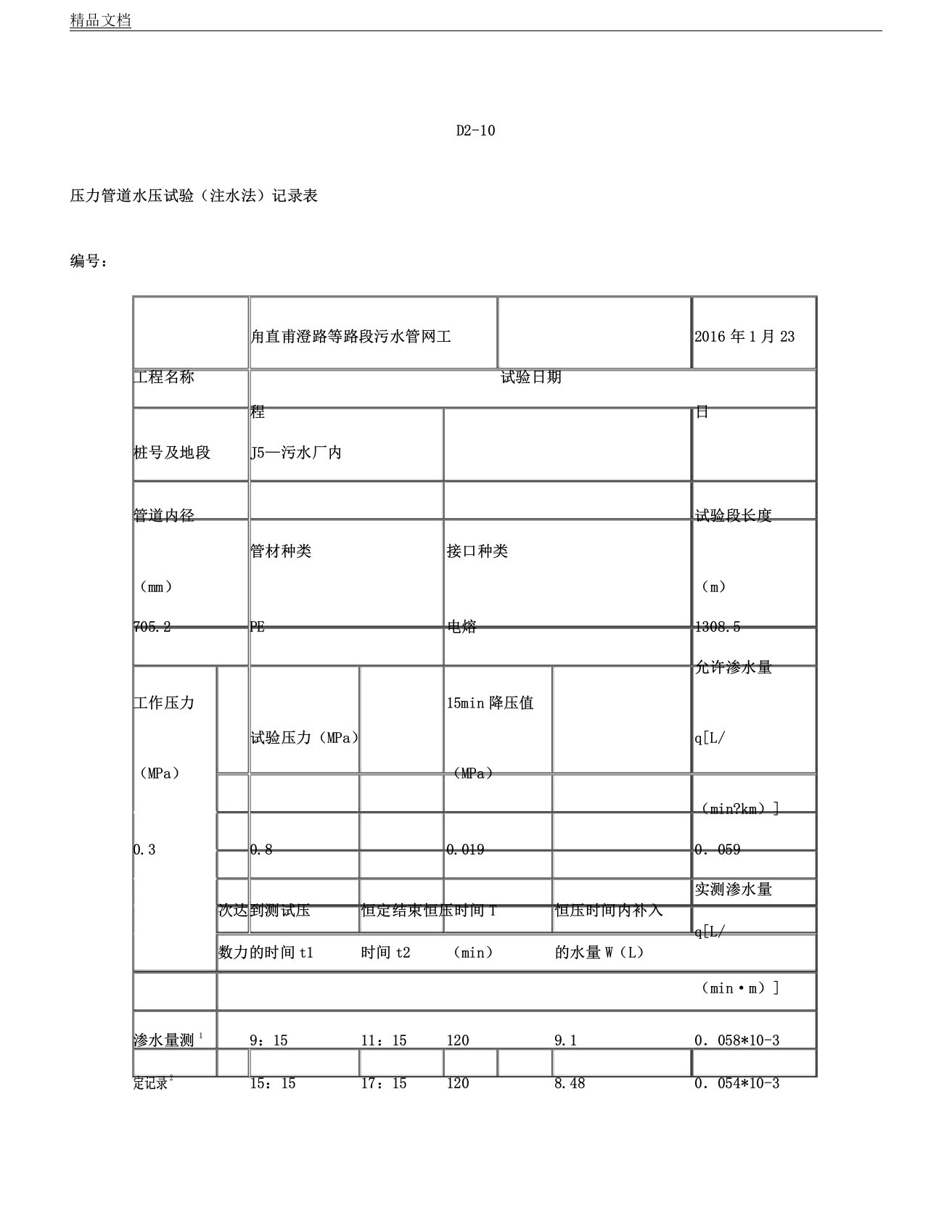 压力管道水压试验注水法记录范文表格范例