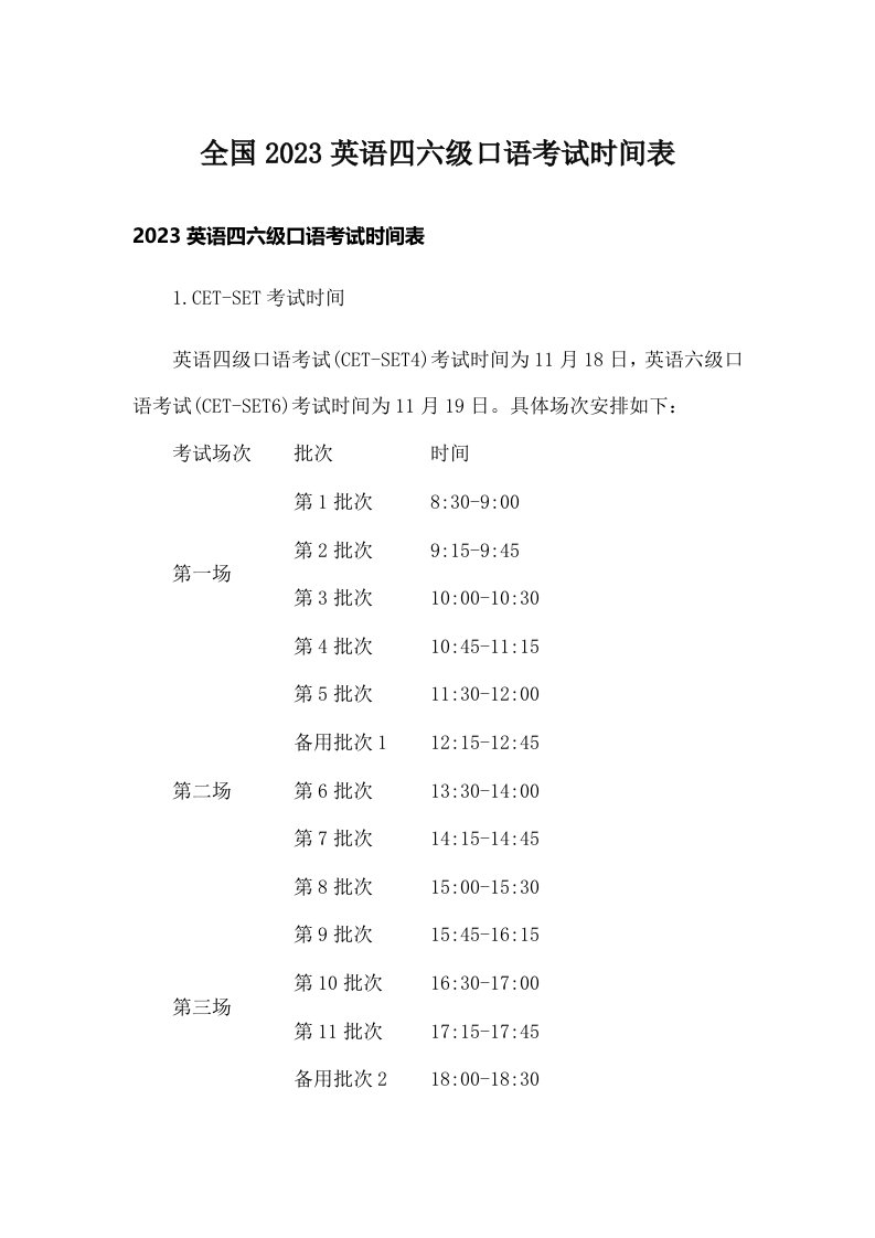 全国2023英语四六级口语考试时间表