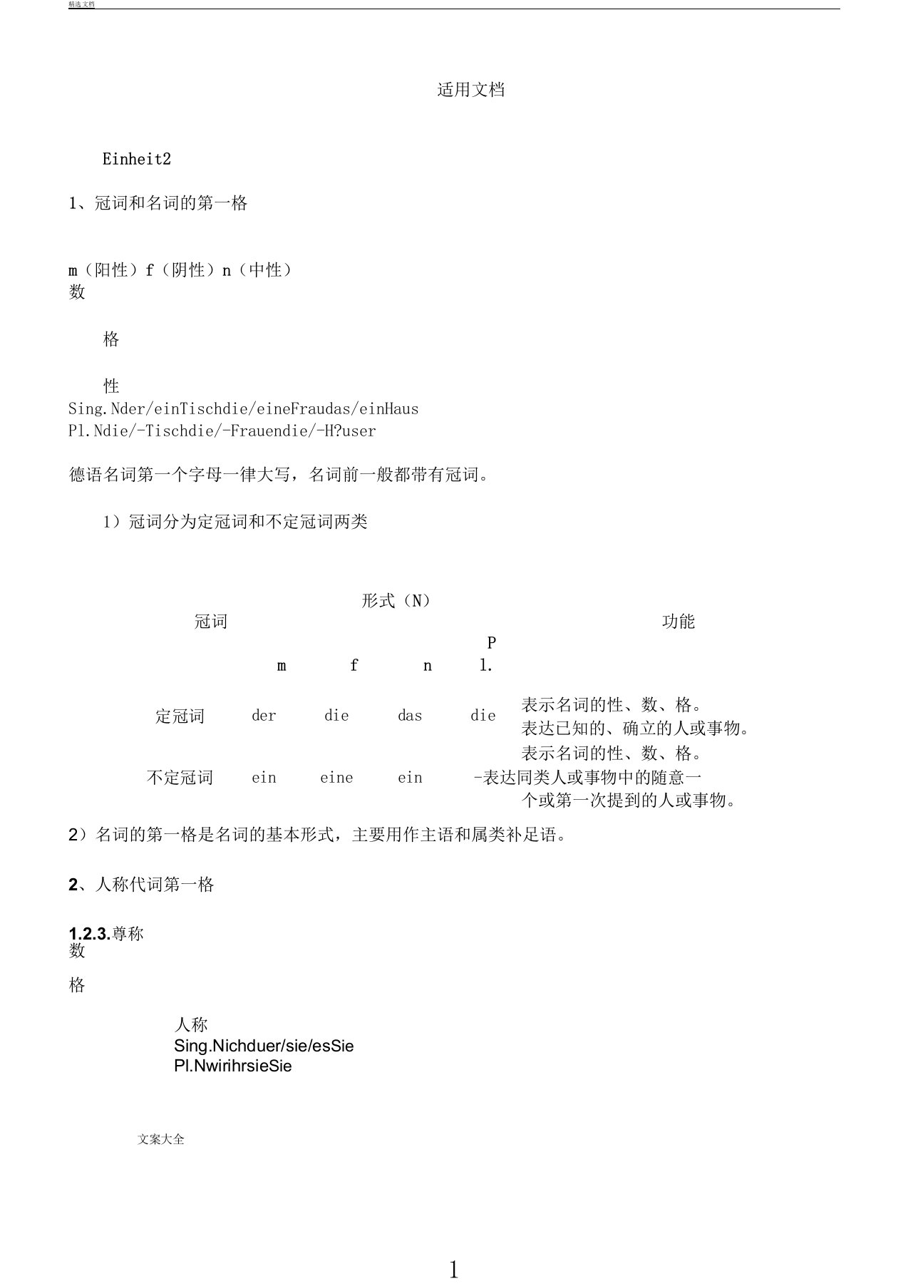 新编大学德语1语法总结计划材料