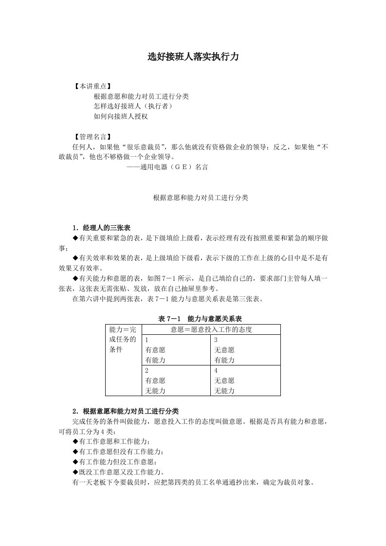 执行力-某公司行政中层管理人员培训之选好接班人落实执行力学习资料