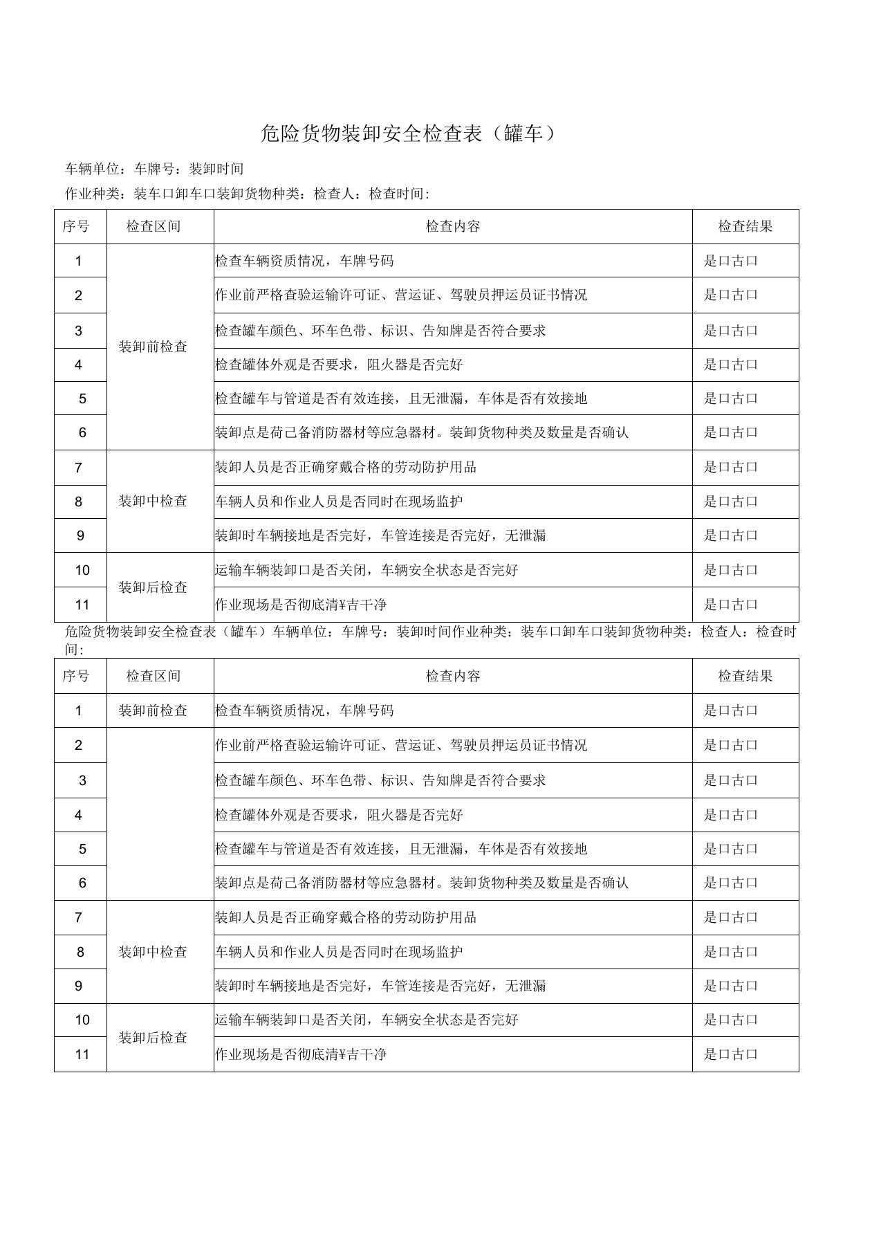 危险化学品装卸安全检查表