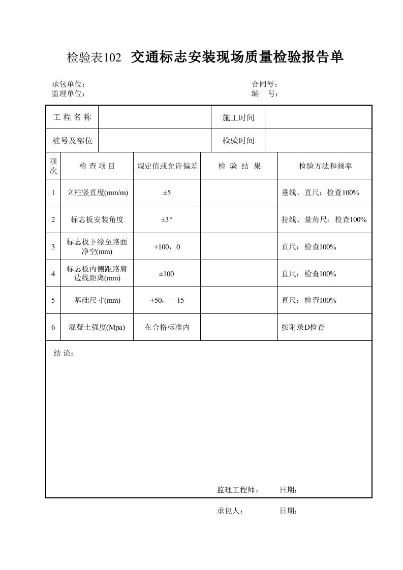 检验表102