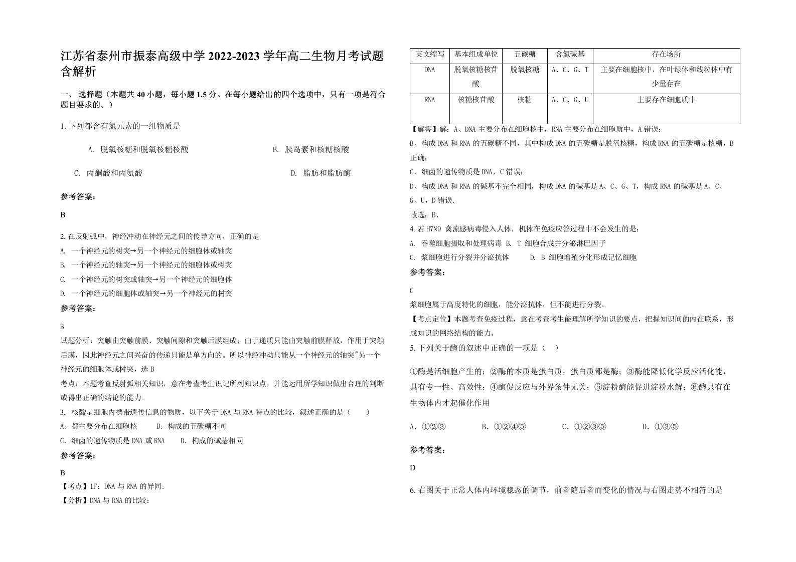 江苏省泰州市振泰高级中学2022-2023学年高二生物月考试题含解析