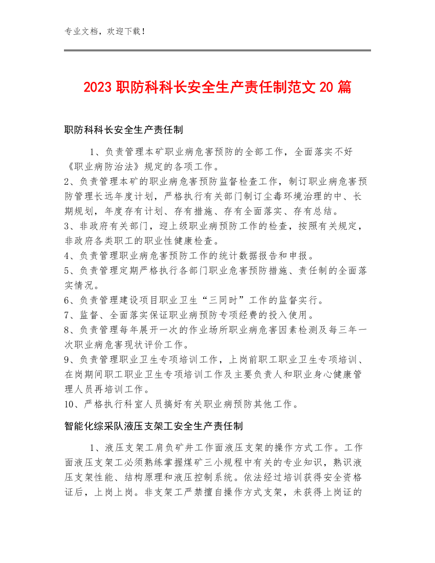 2023职防科科长安全生产责任制范文20篇