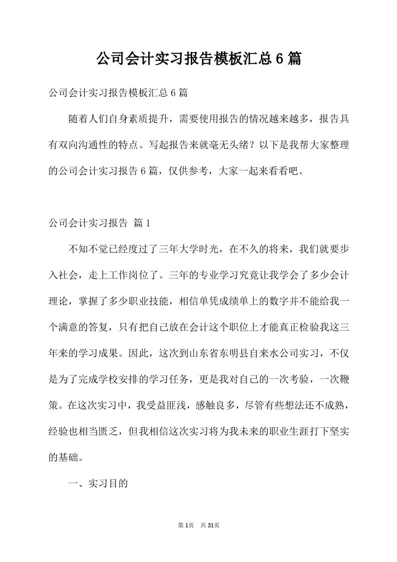 公司会计实习报告模板汇总6篇