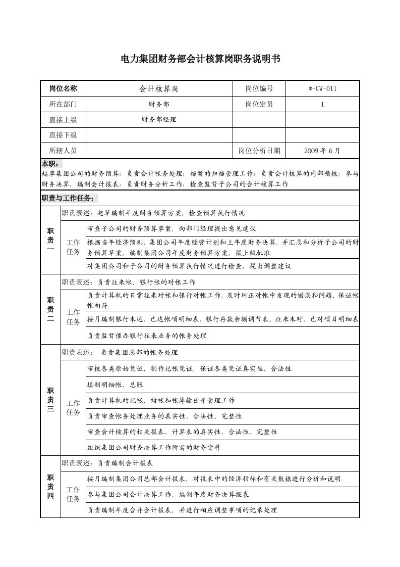 电力集团财务部会计核算岗职务说明书